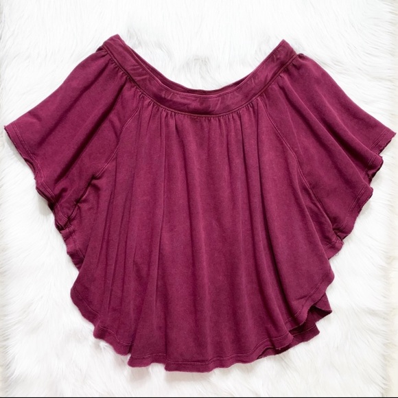 Free People Wine Draped Off The Shoulder Butterfly Sleeve Relaxed Fit Knit Top - Picture 7 of 9